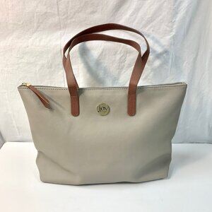 NWOT Joy Mangano Taupe Leather Tote Bag w/ Brown Handles